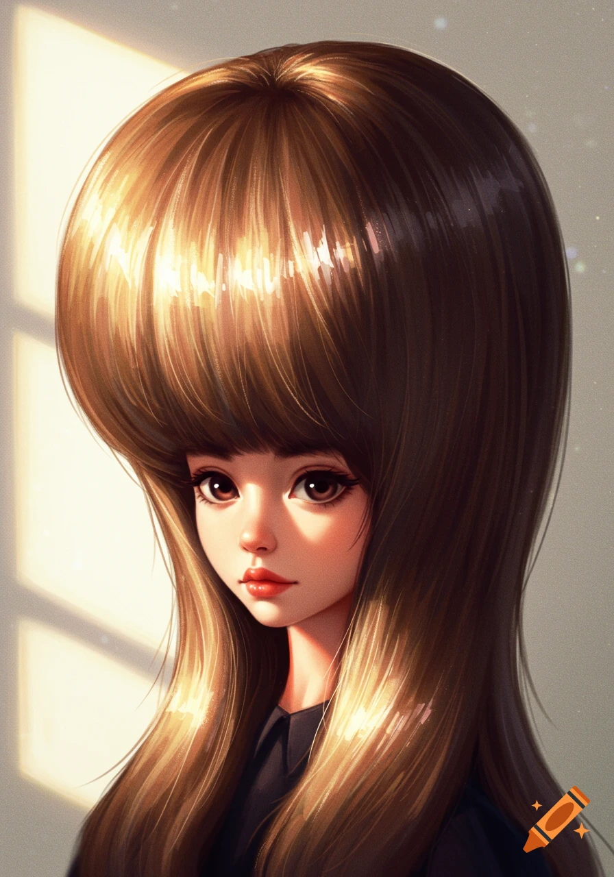 A stylized portrait of a young woman with a large, rounded, shiny brown hairstyle and large, dark eyes.