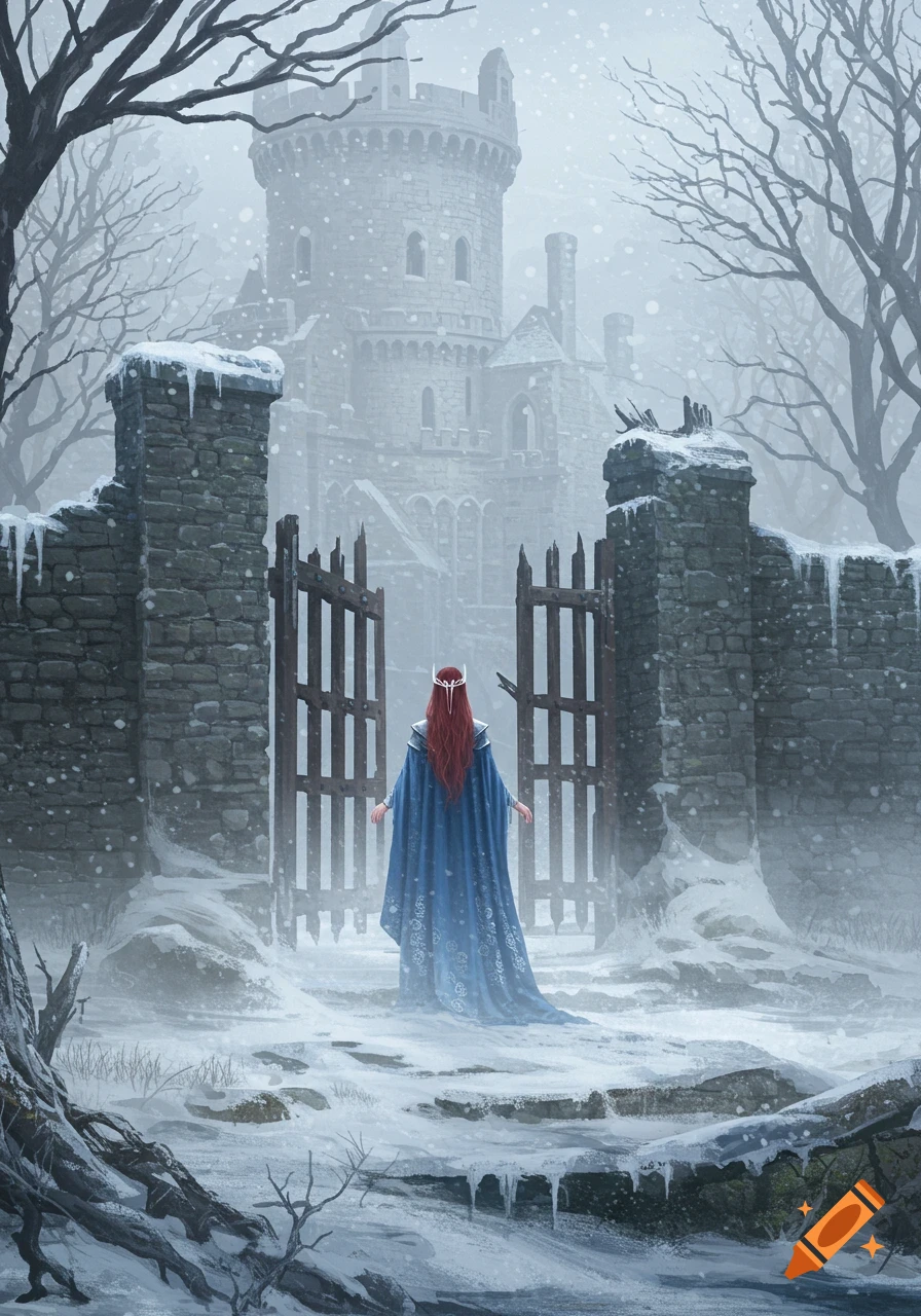 A red-haired noble in a blue robe walks towards a stone castle through open wooden gates in a snowy, foggy winter landscape.