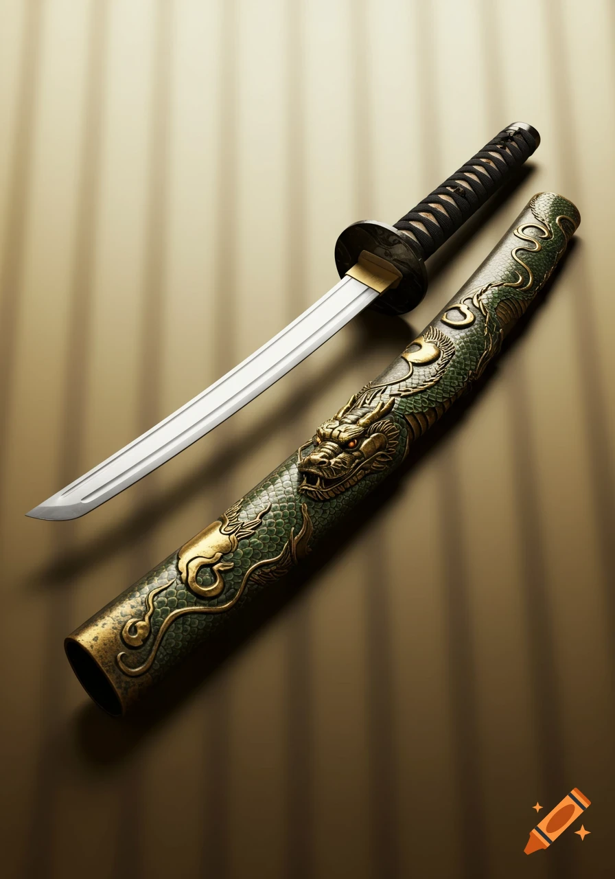 An elegant Japanese sword with a detailed green scabbard adorned with golden dragon-like elements, resting on a golden background.