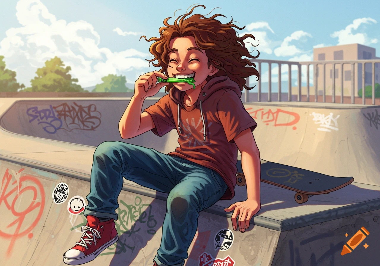 A smiling anime-style boy with curly brown hair sits on a graffiti-covered skate ramp, eating a green crayon, with a skateboard nearby.