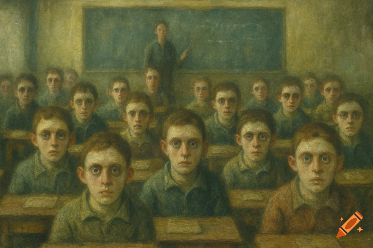An unsettling oil painting of many students with wide, staring eyes looking directly at the viewer in a classroom, with a teacher at the front.