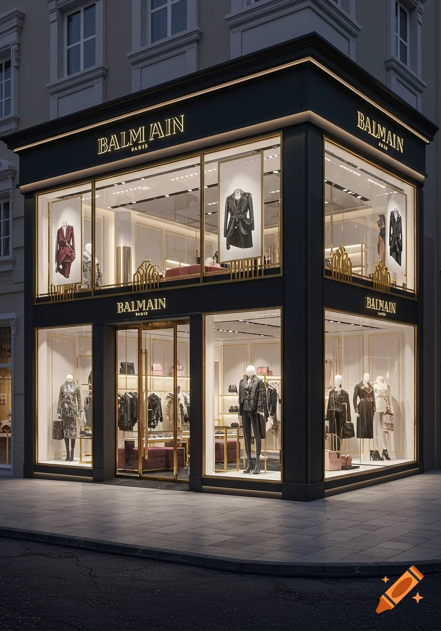 Photorealistic exterior view of a luxurious Balmain fashion store with illuminated signage and mannequins in window displays at night.