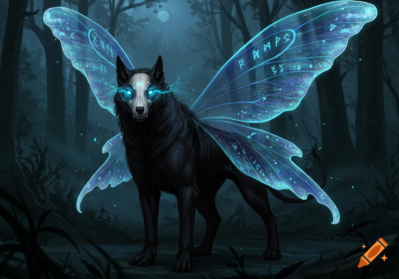 A black hellhound with a skull face, glowing blue eyes, and large blue fairy wings with runes stands in a dark forest.
