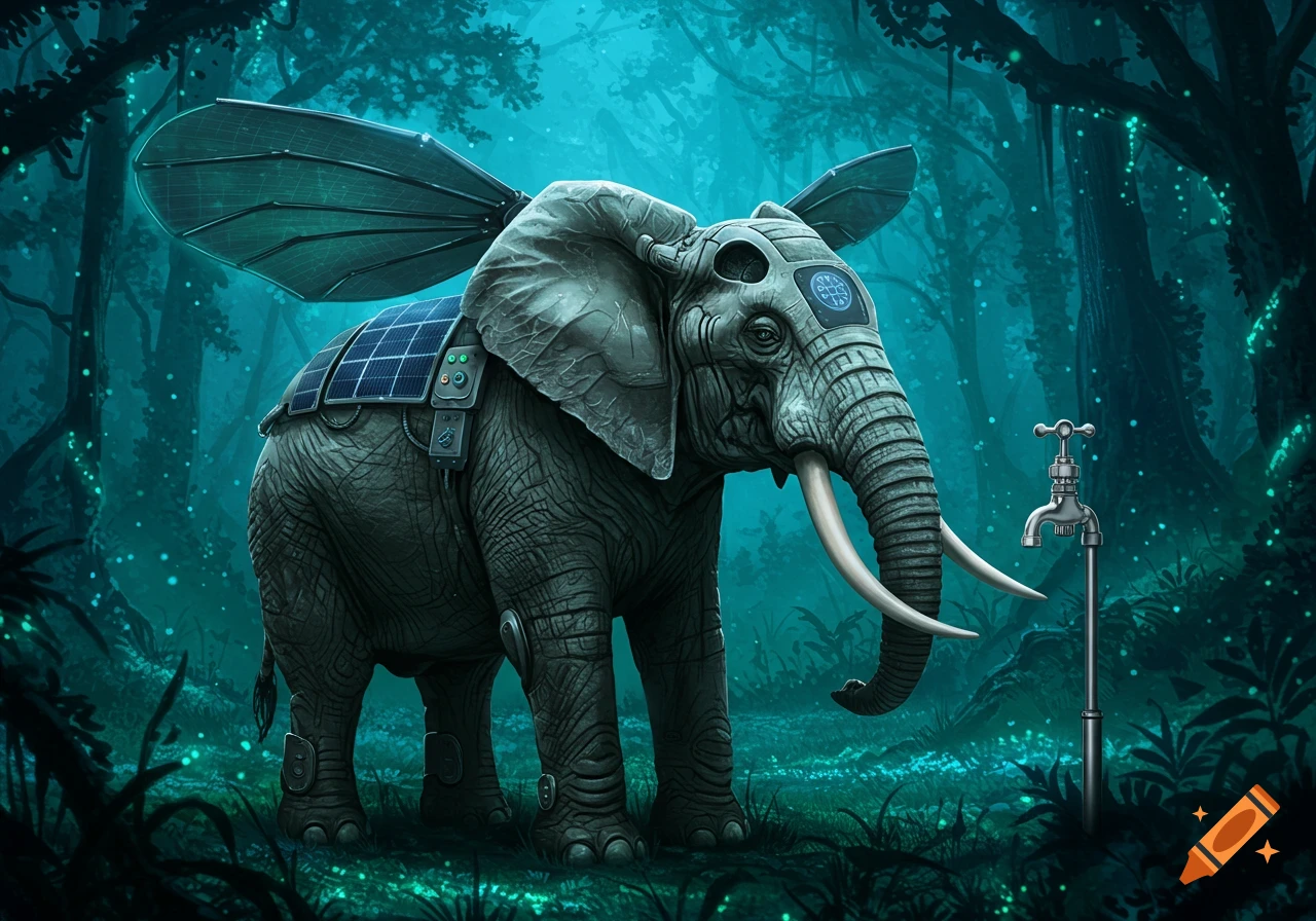 A majestic mechanical elephant with large translucent wings and solar panels on its back stands in a vibrant teal jungle, next to a silver water faucet.