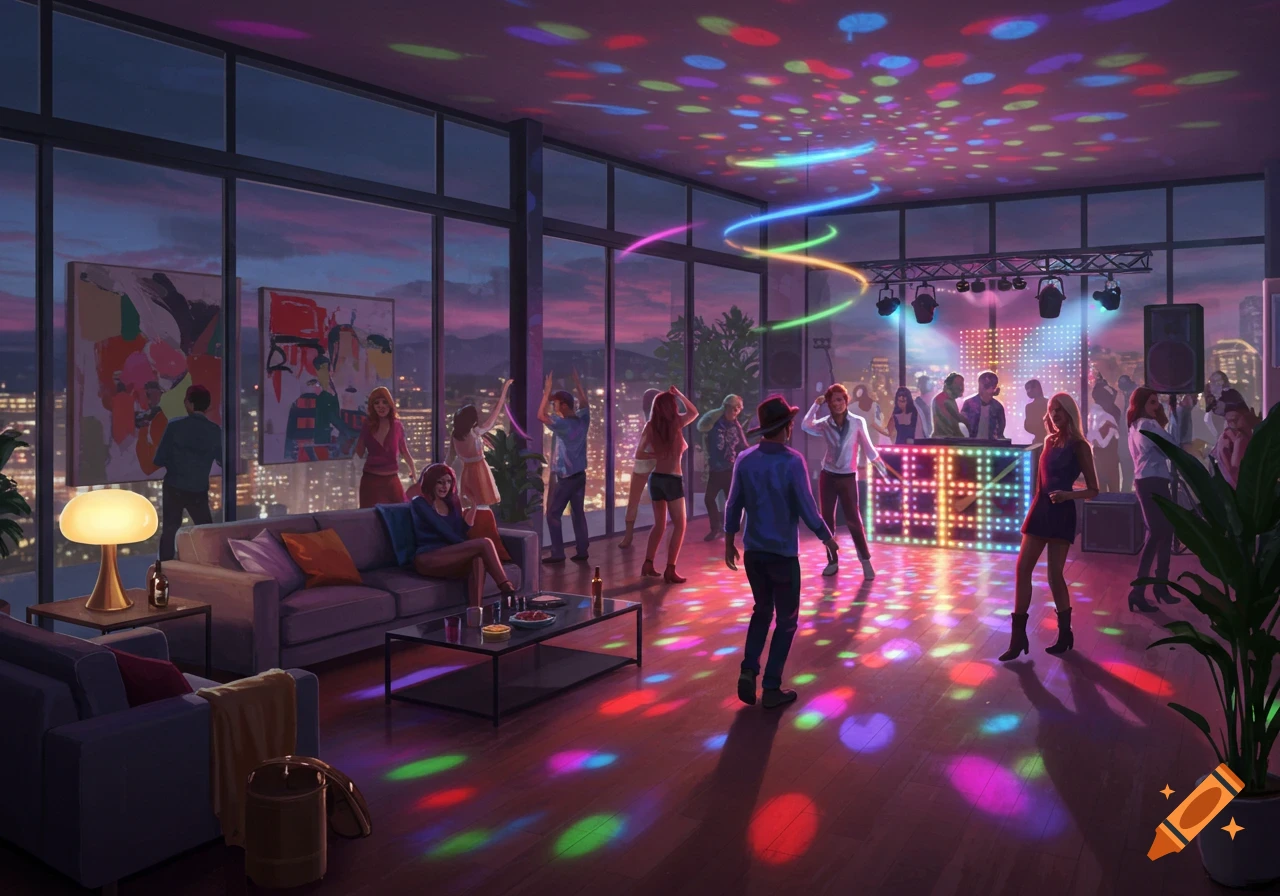 A vibrant, illustrated party scene in a modern loft overlooking a city at night, with people dancing under colorful disco lights.
