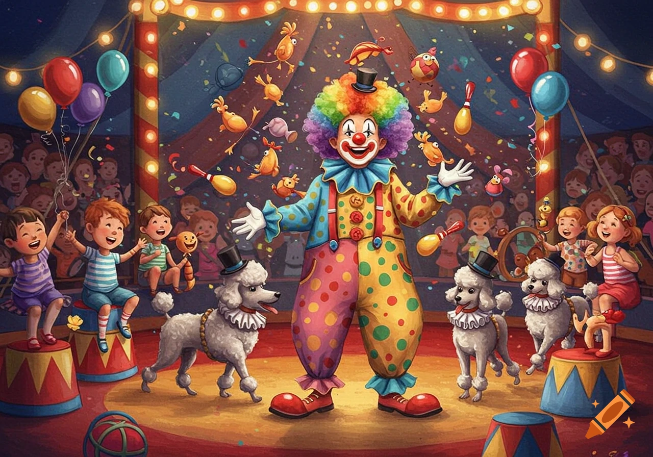 A colorful clown with a rainbow wig performs in a circus ring, surrounded by cheering children and poodles with top hats.