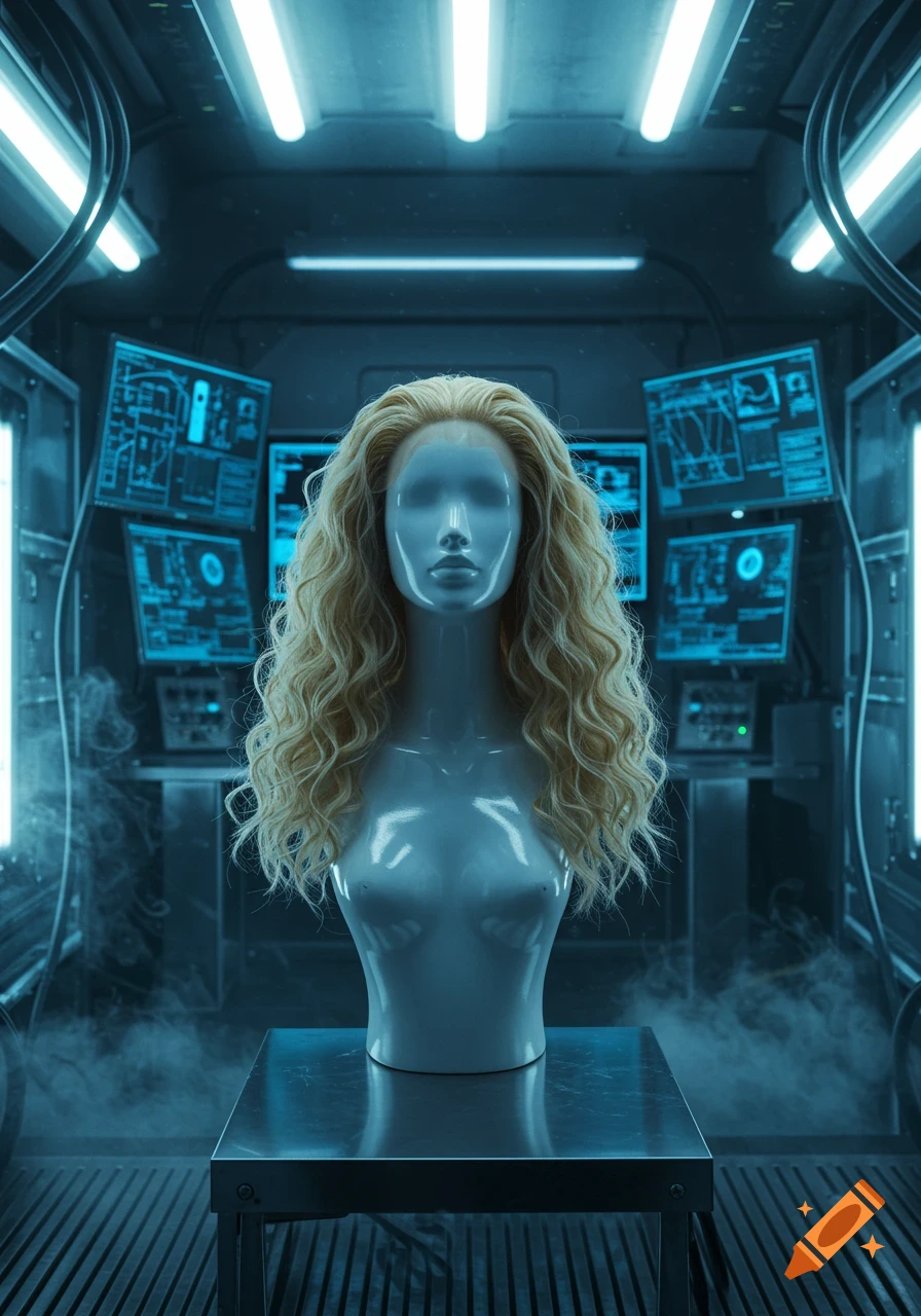 A blonde-wigged mannequin bust stands on a table in a dimly lit, futuristic blue-lit lab with glowing screens and smoke.