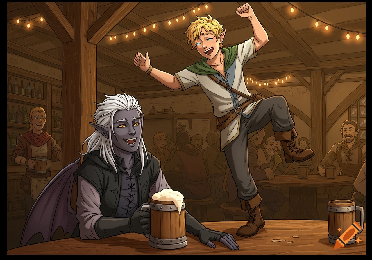 A drow and an elf-like man enjoy drinks in a medieval tavern, one dancing on a table, in a comic book style.