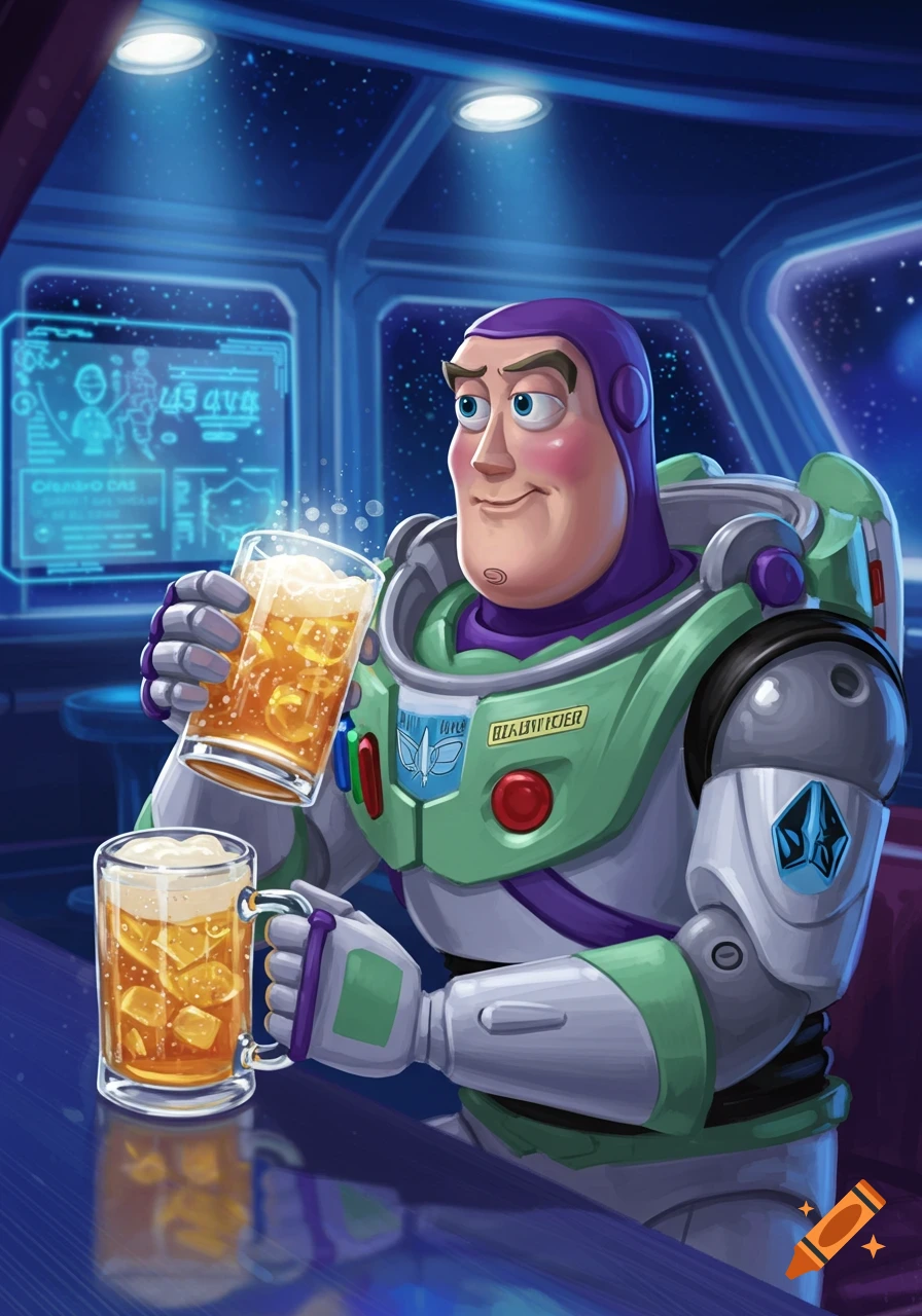 Buzz Lightyear in a spaceship cockpit, holding a glass of beer with foam, another mug on the table, looking happy.