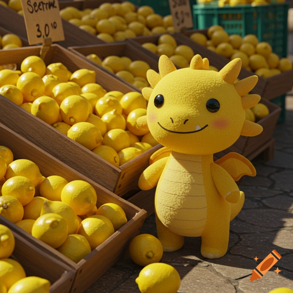 A cute yellow plushie dragon with a happy expression stands by wooden crates full of fresh lemons at a market stand.