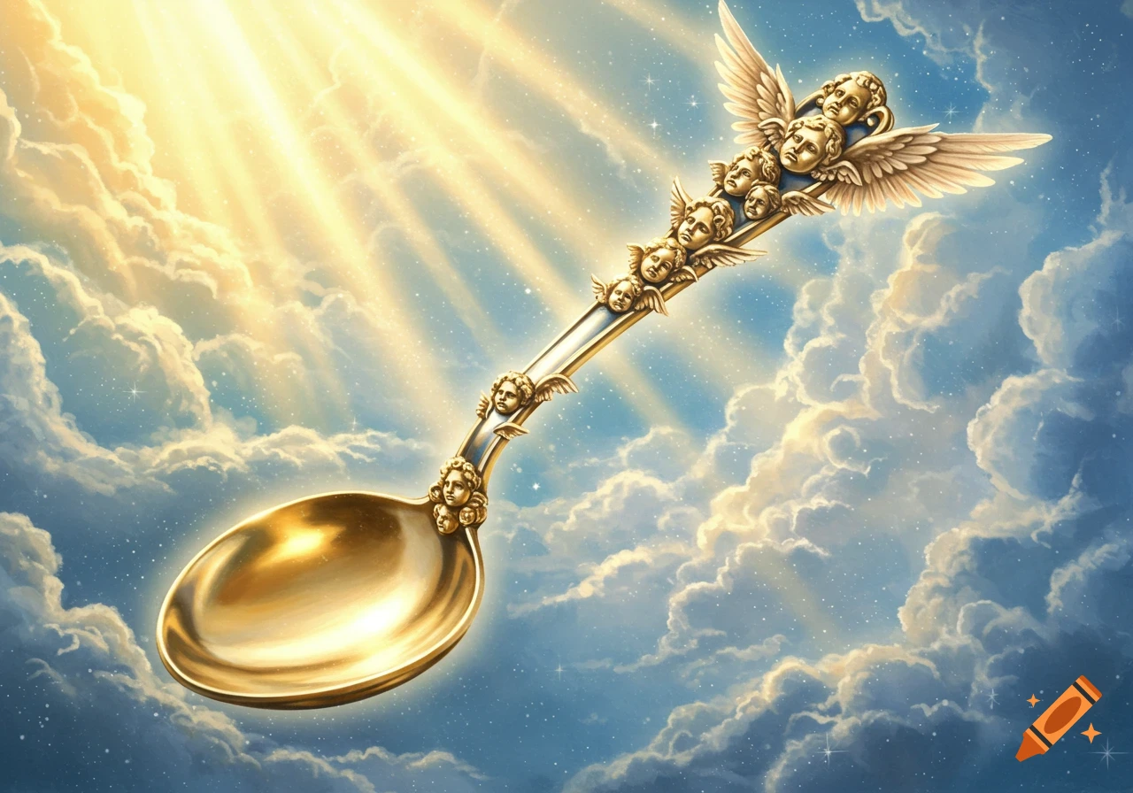 An ornate golden spoon adorned with cherub faces and wings, floating in a bright, cloudy sky with sun rays.