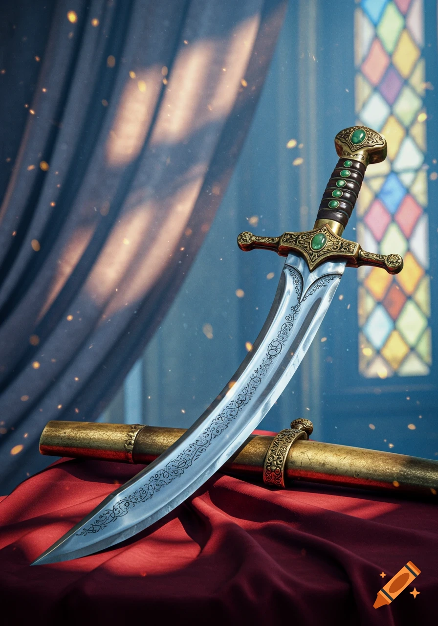 An ornate scimitar with a jeweled hilt and engraved blade rests on a red velvet cloth, in front of blue curtains and a stained glass window, with dappled light.