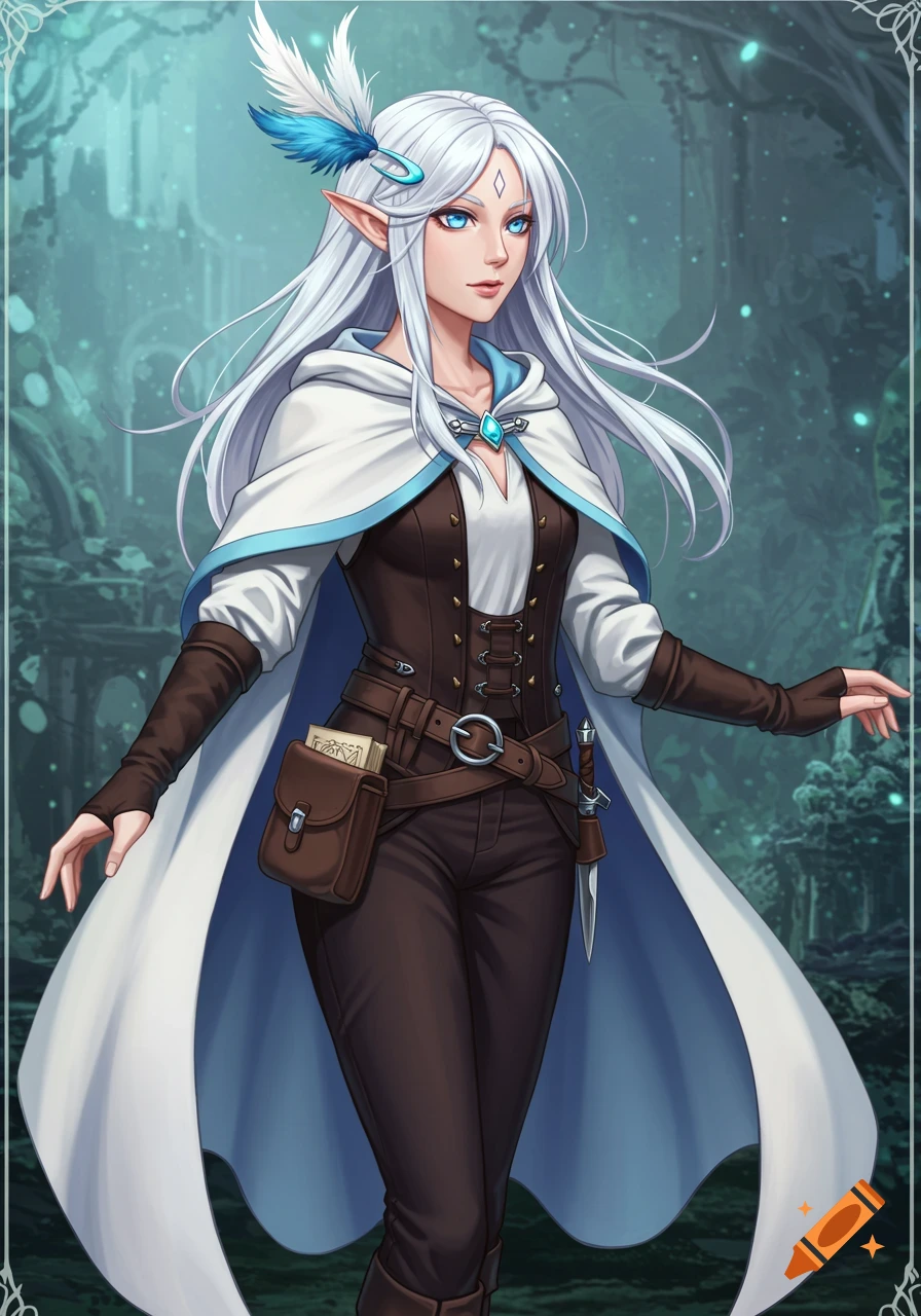 Painted anime illustration of a white-haired elf woman in a white cloak and brown outfit, with blue eyes and a feather hair clip, in a mystical forest.