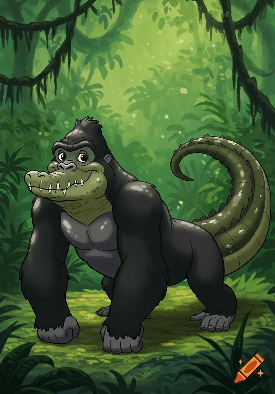 A smiling, muscular cartoon gorilla with a crocodile head and tail stands in a lush green jungle.