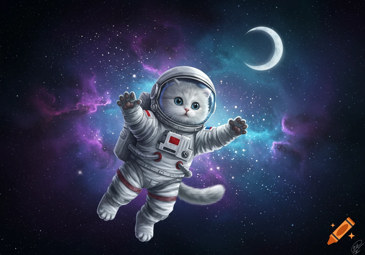 A cute fluffy white cat in a detailed astronaut suit floats in space with colorful nebulae, stars, and a crescent moon.