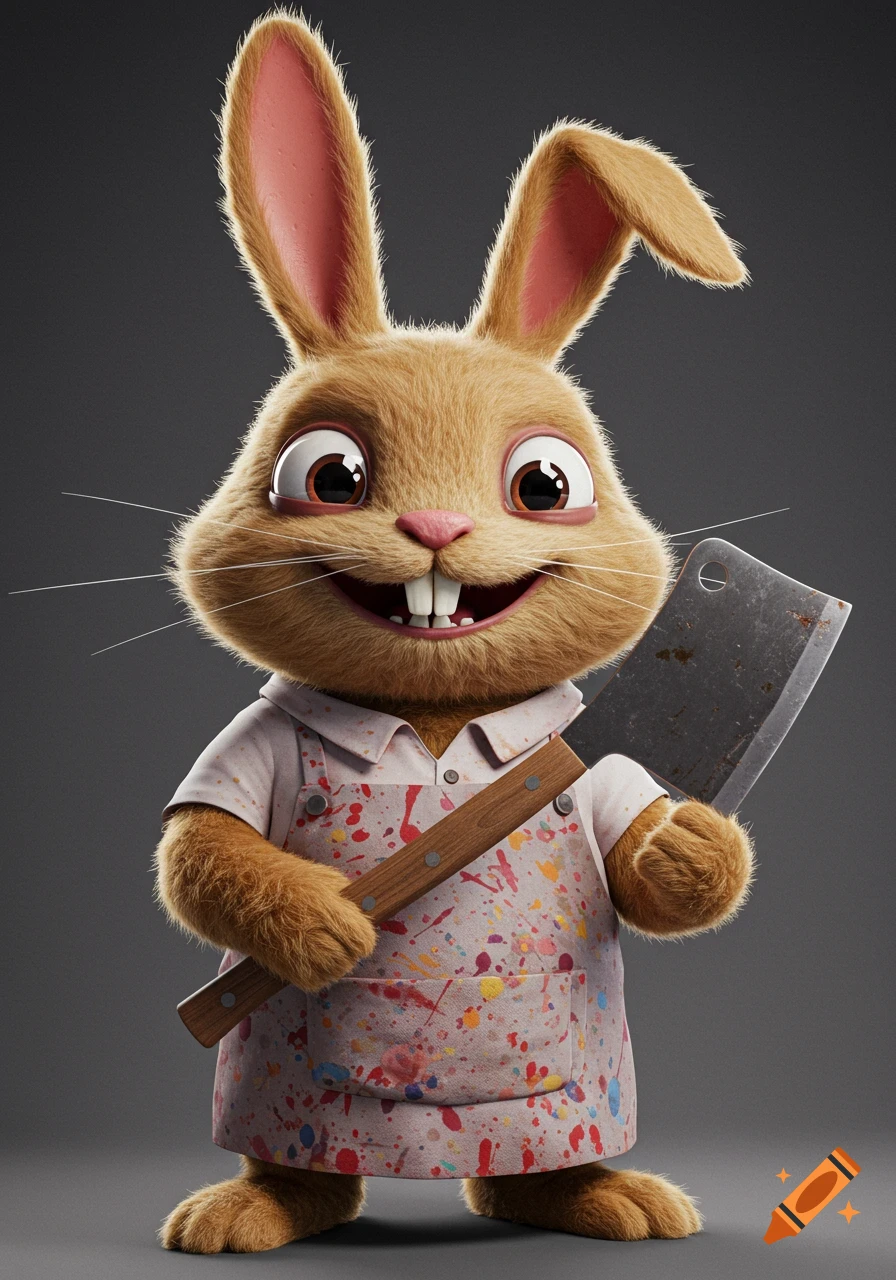A smiling, hyperrealistic fluffy brown bunny wears a paint-splattered apron and holds a butcher's cleaver on a grey background.