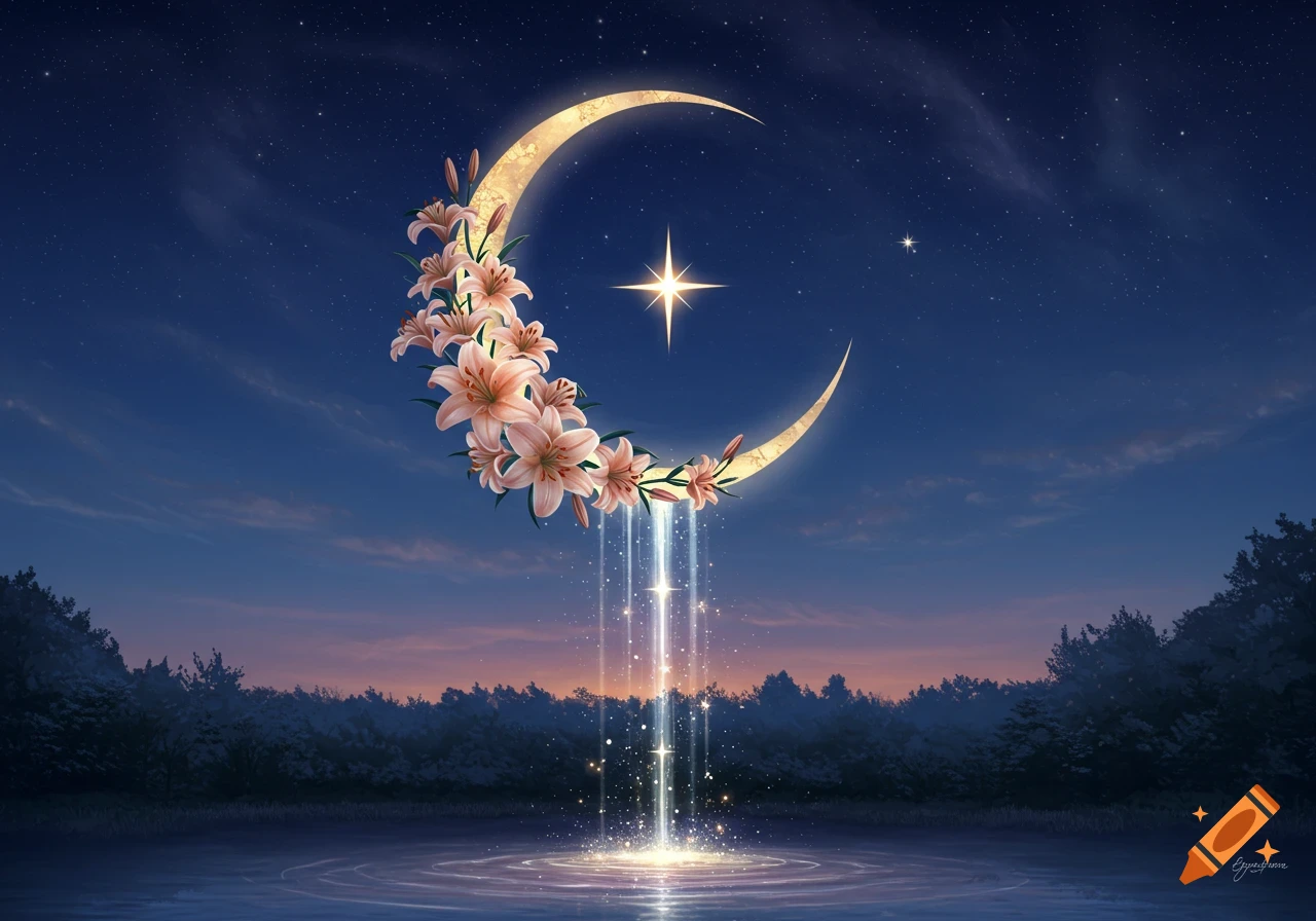 Fantasy crescent moon with pink lilies and a cross-shaped star, pouring magical light into a shimmering pond under a twilight sky.