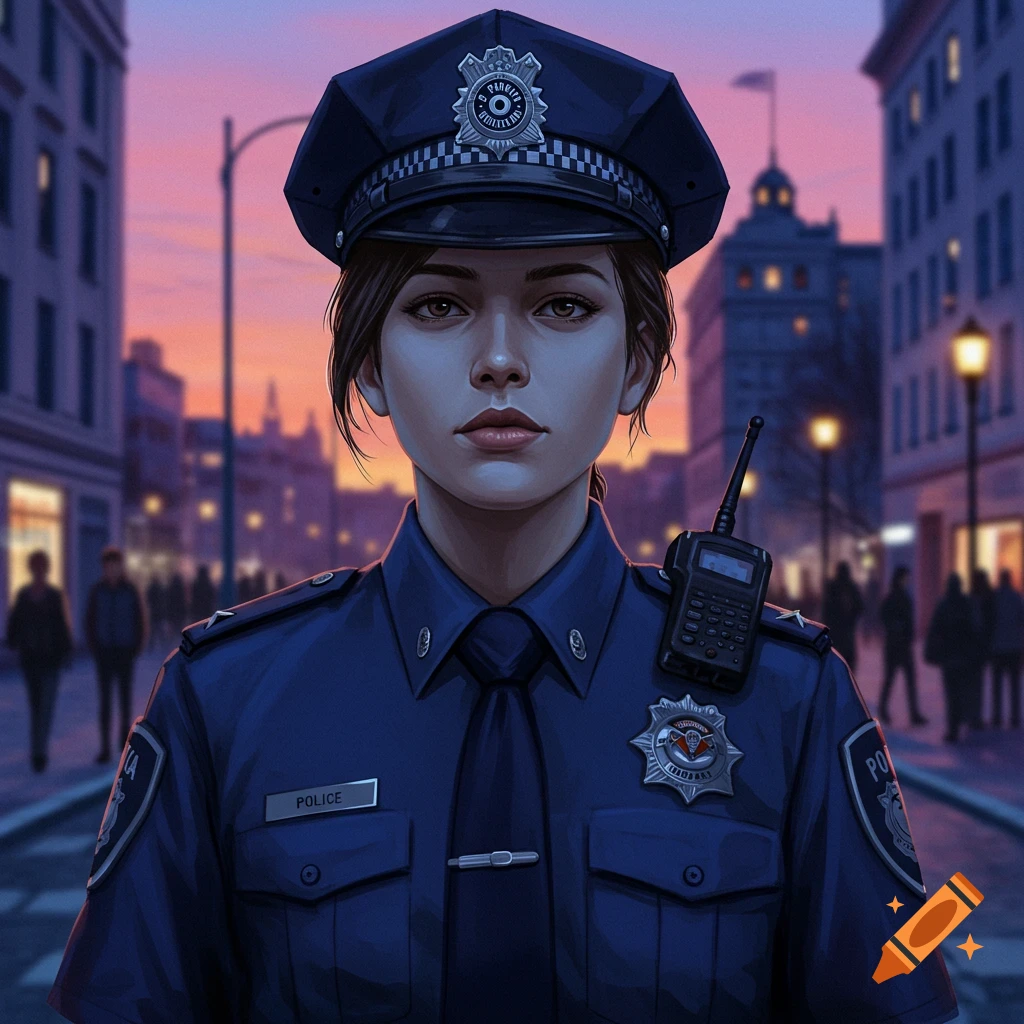 A stoic female police officer in a dark blue uniform stands centered on a city street at sunset, looking directly forward. Buildings line the street, and faint figures are visible in the background.