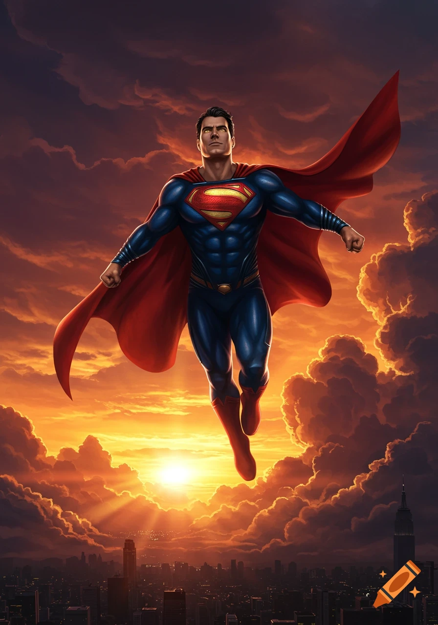 Superman flying powerfully above a city at sunset with vibrant orange and purple clouds.