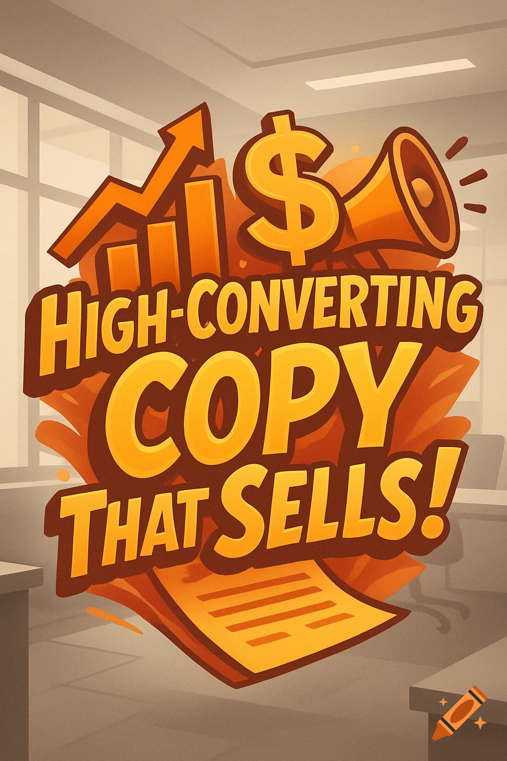 Bold orange and yellow text reads 'HIGH-CONVERTING COPY THAT SELLS!' with a rising bar graph, dollar sign, megaphone, and document icons against a blurry office background.