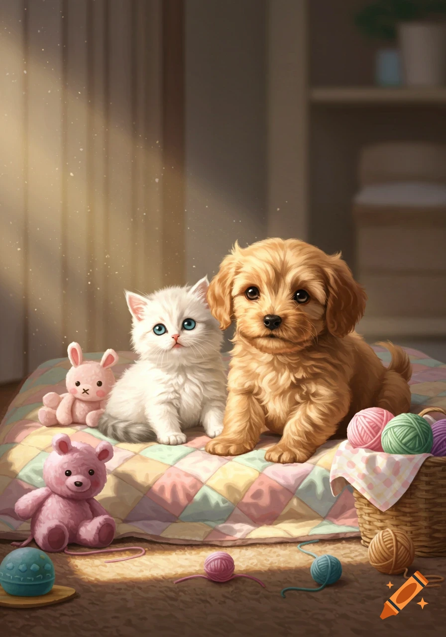 A fluffy white kitten and a golden puppy sit on a colorful patchwork quilt with plush toys and yarn, bathed in warm sunlight.