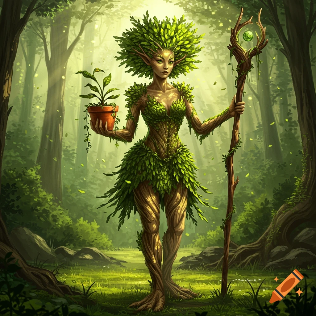 A dryad with a leafy crown and bark-like skin stands in a sunlit forest, holding a potted plant and a staff.