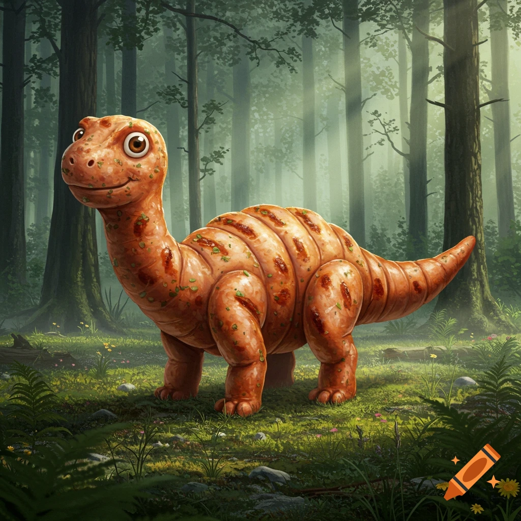 A friendly, light brown sausage-textured dinosaur with green herb flecks stands in a lush, sunlit forest.