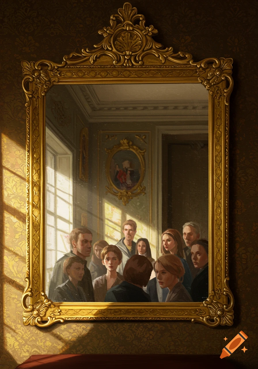 A group of people reflected in an ornate golden mirror in a lavish room, with sunlight streaming through a window.