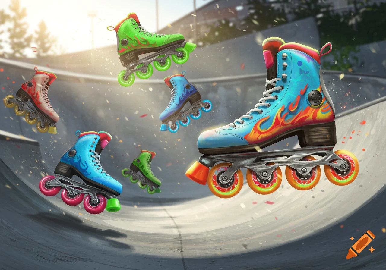 Vibrant illustration of multiple colorful freeskate roller skates floating above a skate park ramp.
