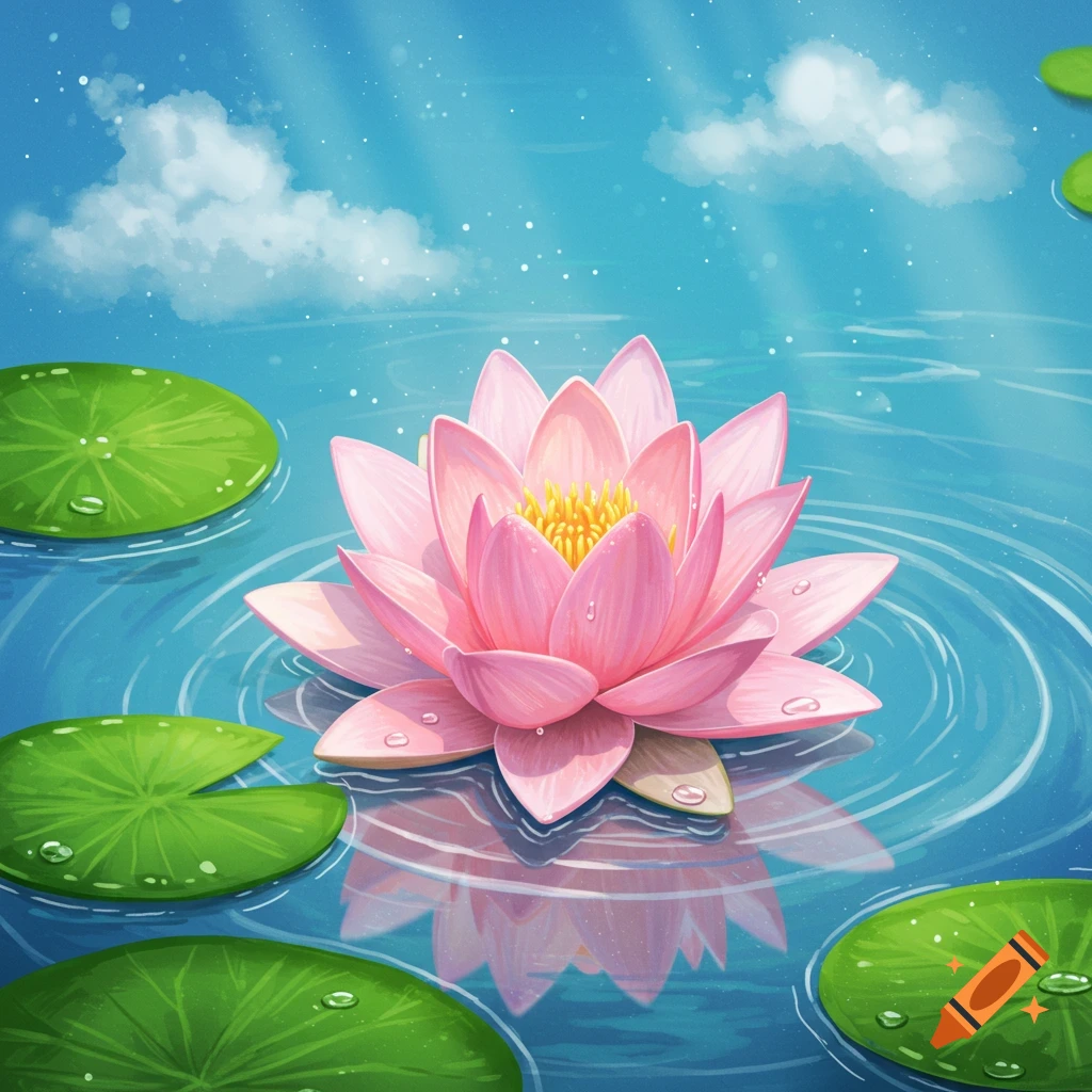 A vibrant pink lotus flower with yellow stamens floats on a calm blue pond surrounded by green lily pads, under a bright sky.