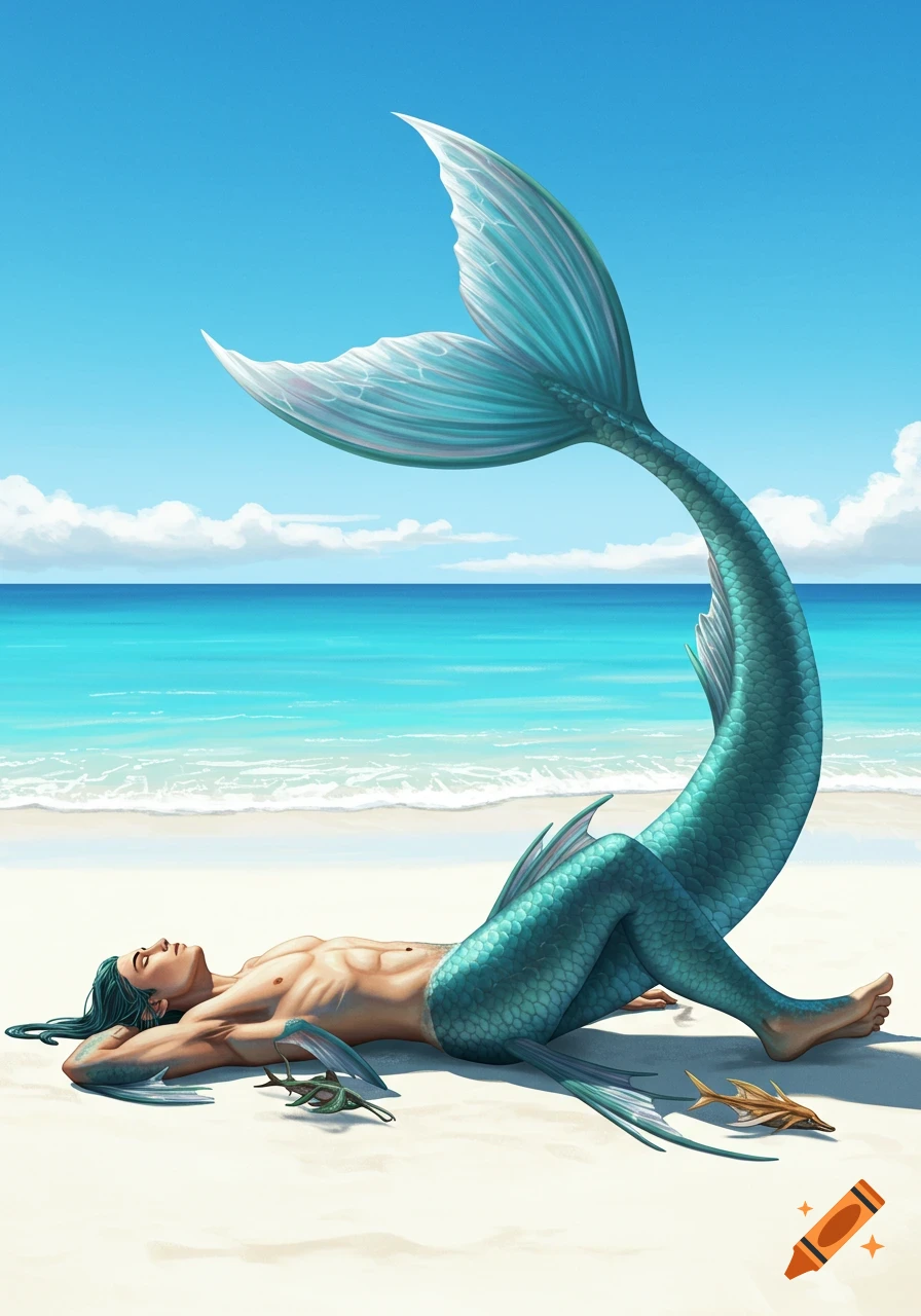 A muscular merman with teal hair and a shimmering tail lies on a white sandy beach, looking up at a clear blue sky and turquoise ocean.