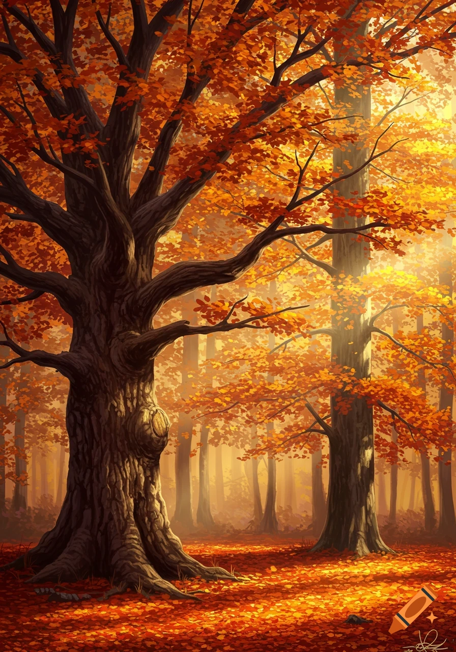 A stylized autumn forest with ancient trees, vibrant orange and golden leaves, and sunlight filtering through the canopy.