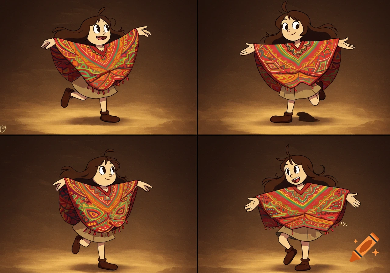 A cartoon girl with long brown hair wears a vibrant Peruvian poncho, shown in four dynamic poses on a warm brown background.