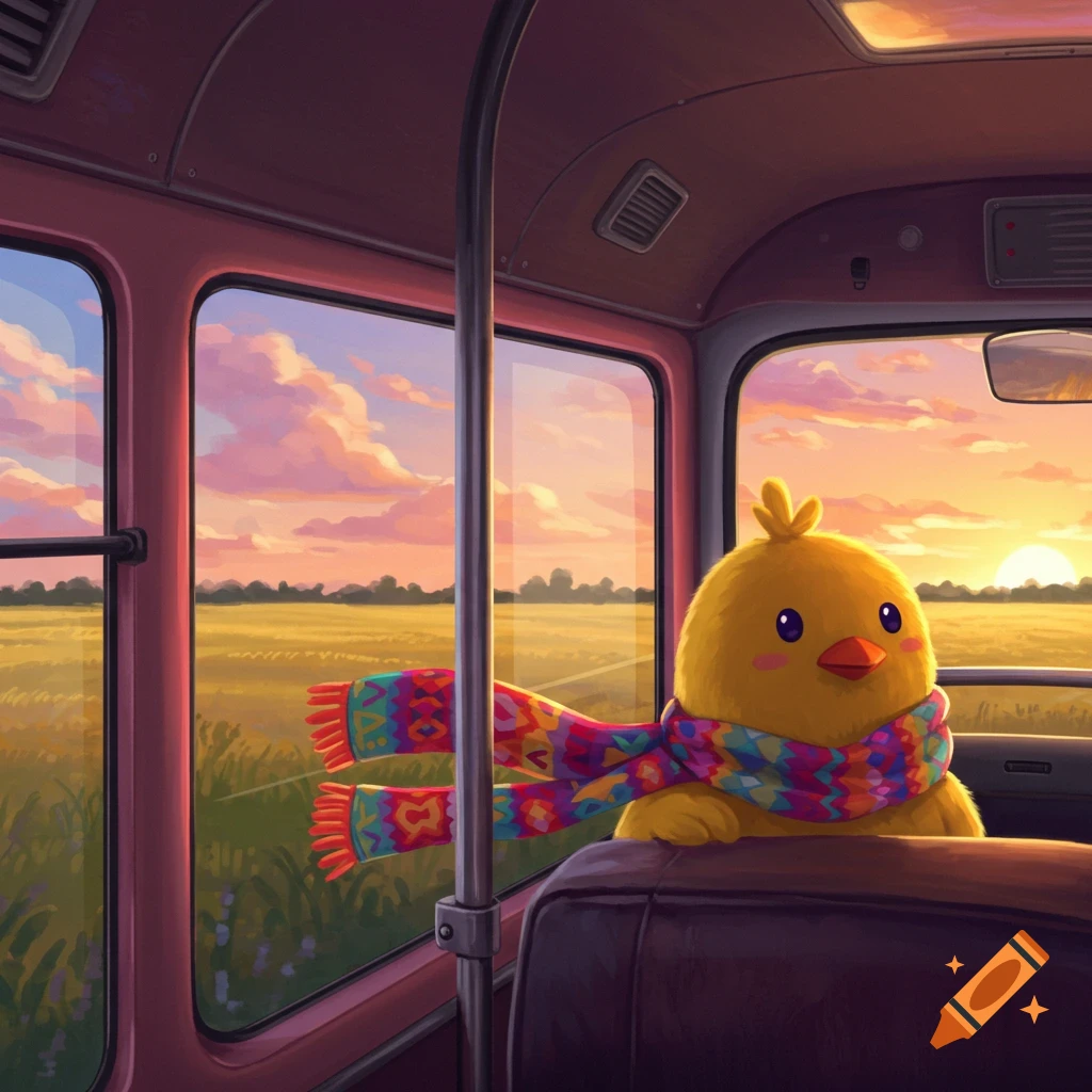 A fluffy yellow chick in a colorful scarf sits in a bus, looking out at a golden field during sunset.