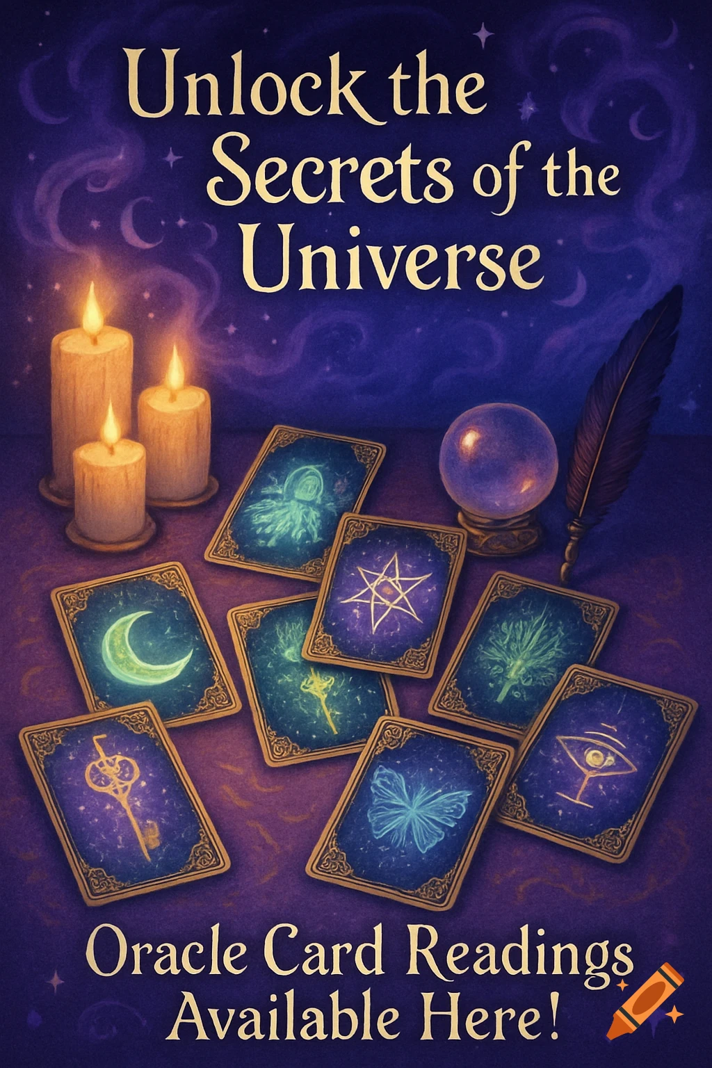 Mystical poster advertising oracle card readings with candles, a crystal ball, feather quill, and oracle cards on a starry purple background. Text reads "Unlock the Secrets of the Universe" and "Oracle Card Readings Available Here!".