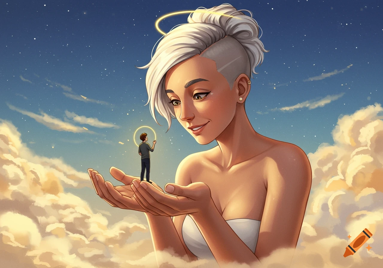 A giant woman with a halo gently holds a small man in her hands as they gaze at each other lovingly in a starry, cloudy sky.
