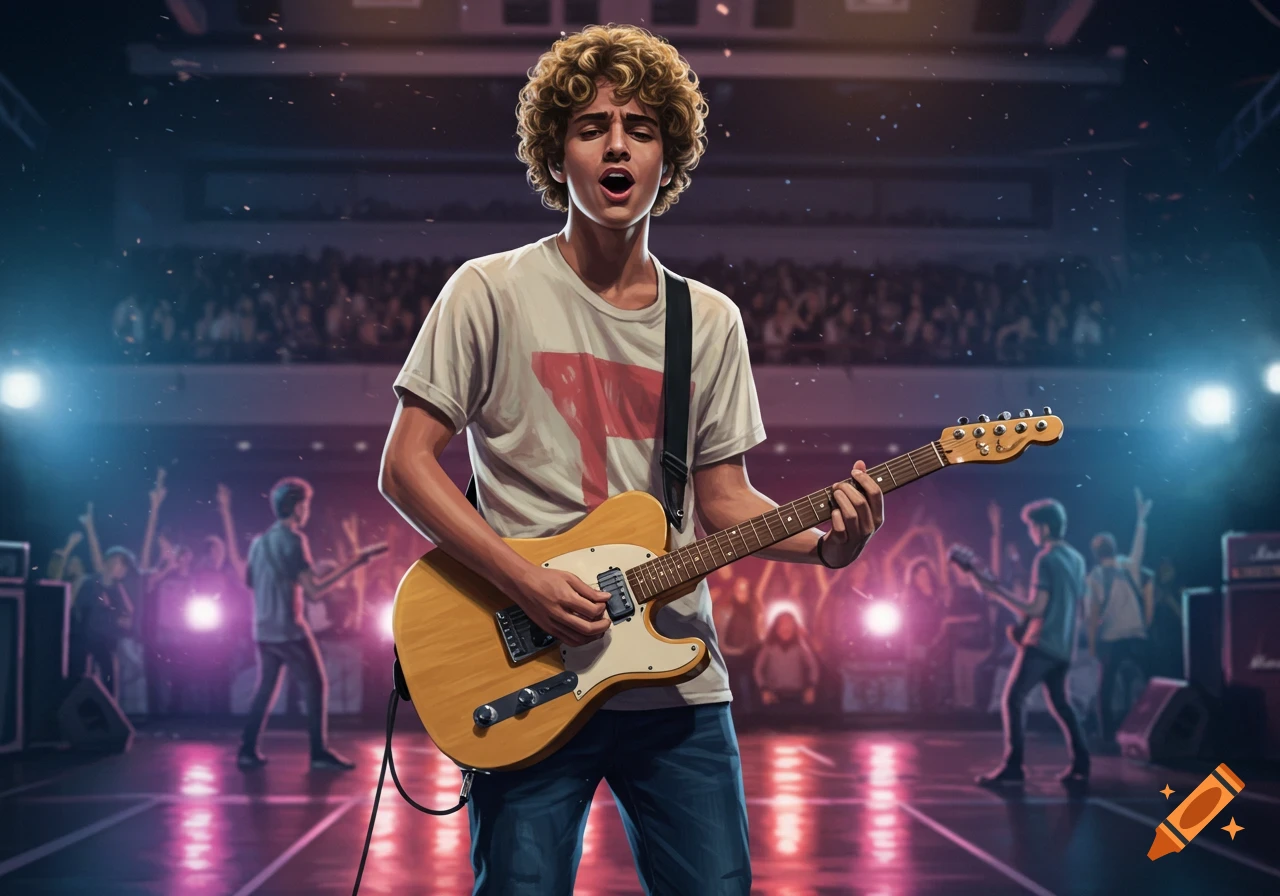 A young man with curly hair plays an electric guitar and sings on stage with a band, under bright lights and confetti, with a crowd in the background.