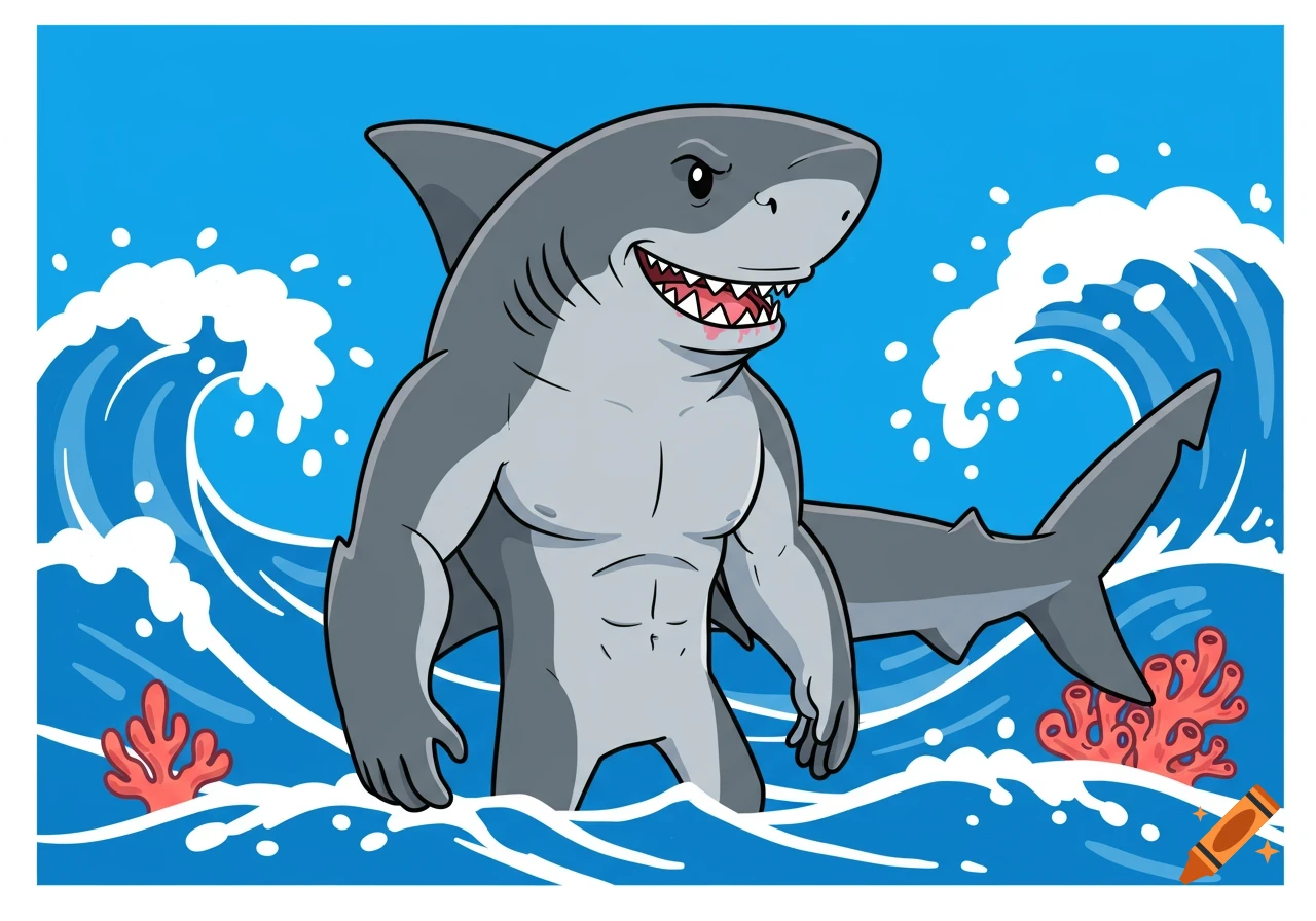 A cartoon muscular shark-man with blood on its teeth stands in blue ocean waves with red coral.