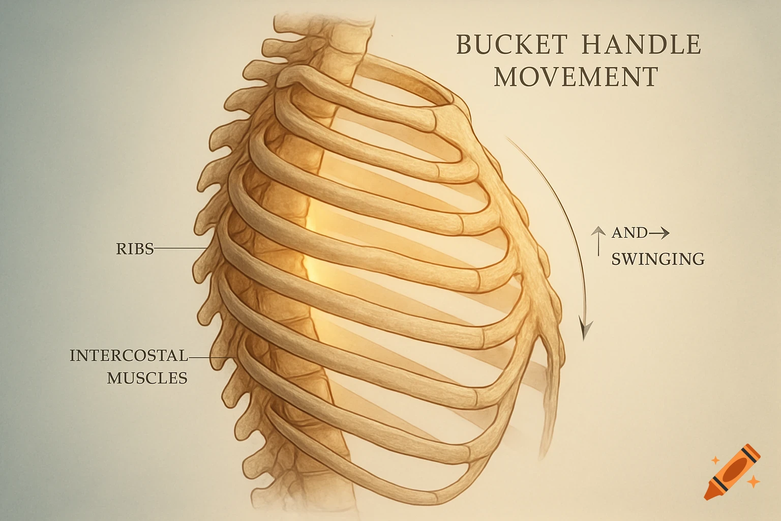 Lateral view diagram of a human rib cage illustrating bucket handle movement, with labels for ribs and muscles.