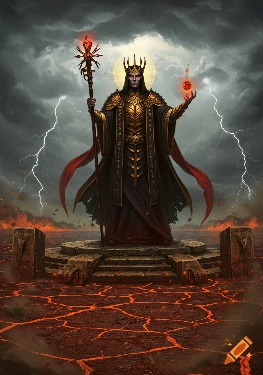 A dark sorcerer king in gold and black armor stands on a platform over cracked lava under a stormy, lightning-filled sky.