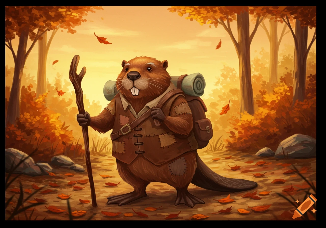A cartoon beaver traveler with a backpack and walking stick stands on a path in a colorful autumn forest.
