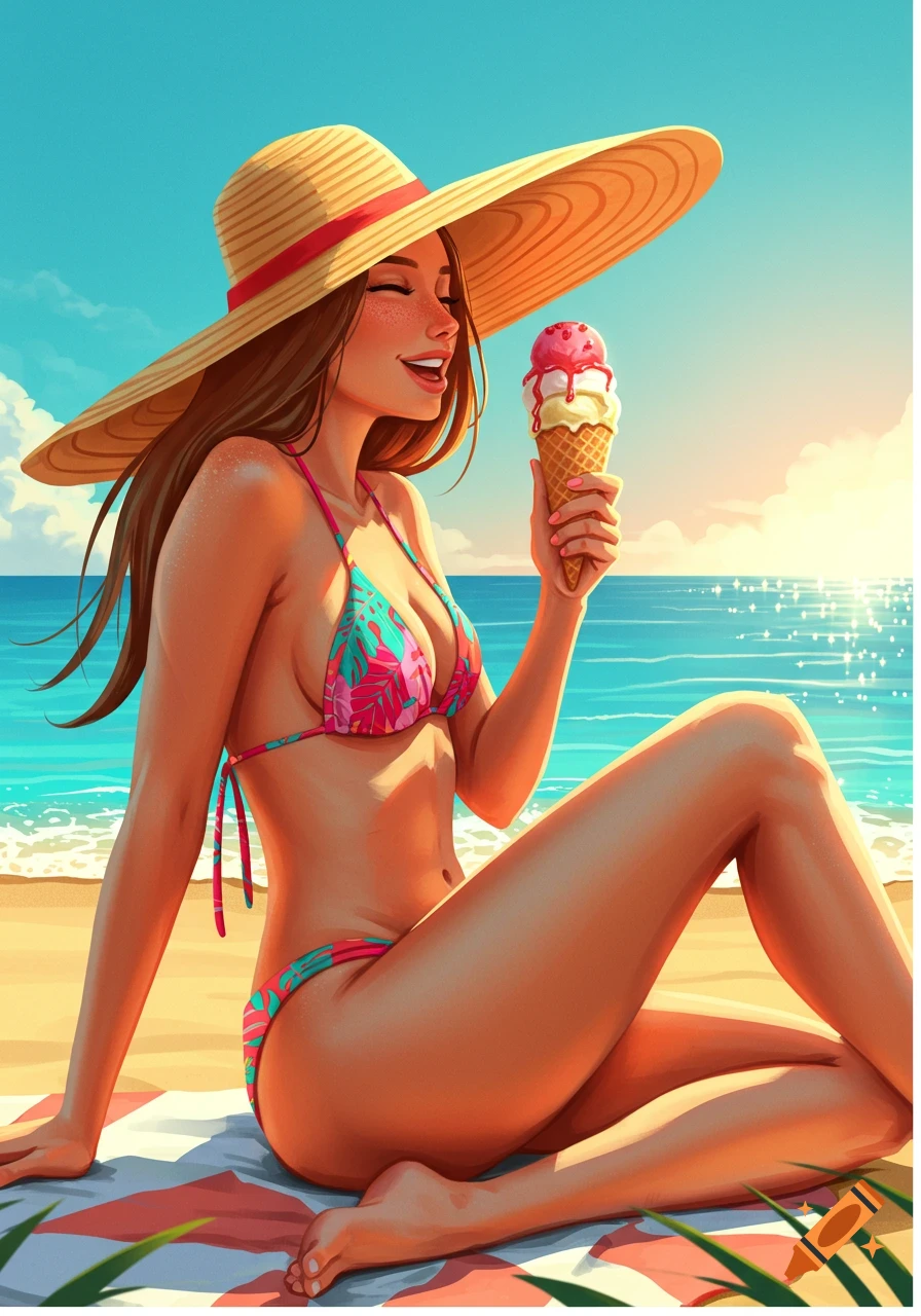 A stylized illustration of a woman in a colorful bikini and a wide-brimmed hat, sitting on a sunny beach and eating ice cream.
