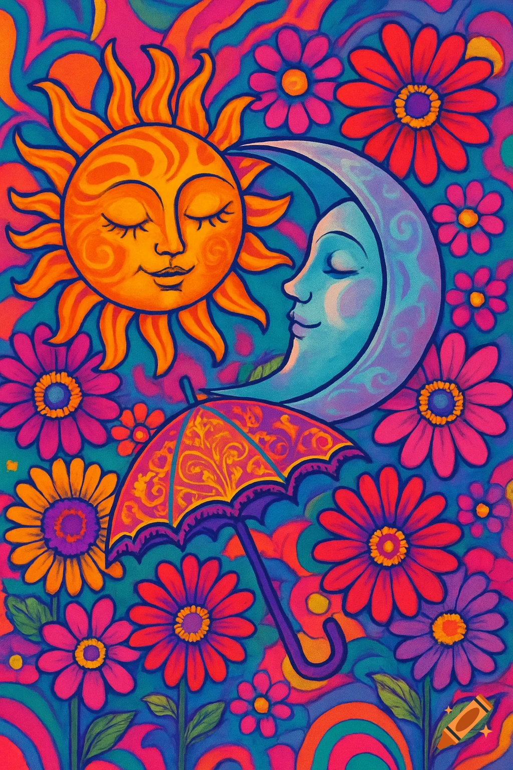 A vibrant, psychedelic illustration of a smiling sun and moon with an umbrella, surrounded by colorful flowers on a blue background.