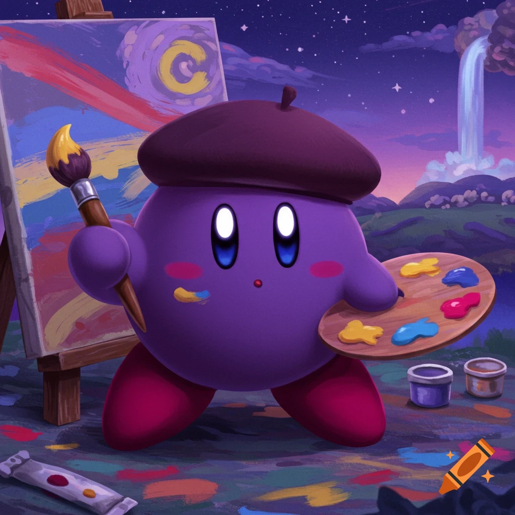 A dark purple Kirby wearing a beret holds a paintbrush and a colorful artist's palette, standing in front of an easel with a painting under a starry sky.