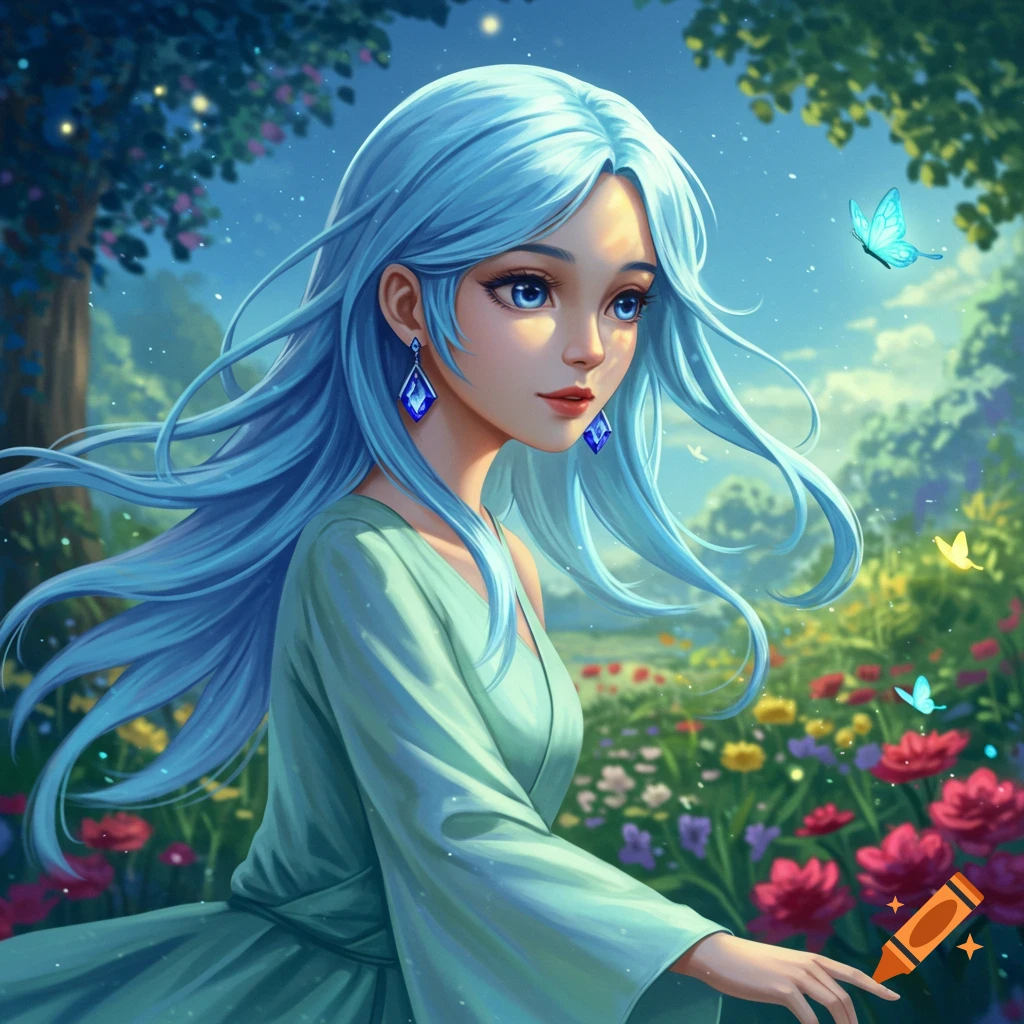 Anime girl with flowing sky blue hair and sapphire earrings in a vibrant field of colorful flowers and butterflies.