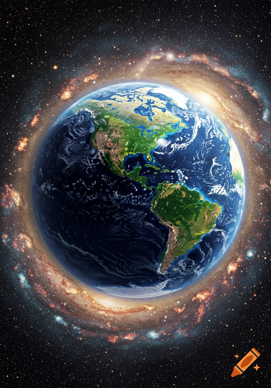 A vibrant Earth from space, surrounded by a swirling, star-filled galaxy in Van Gogh style.