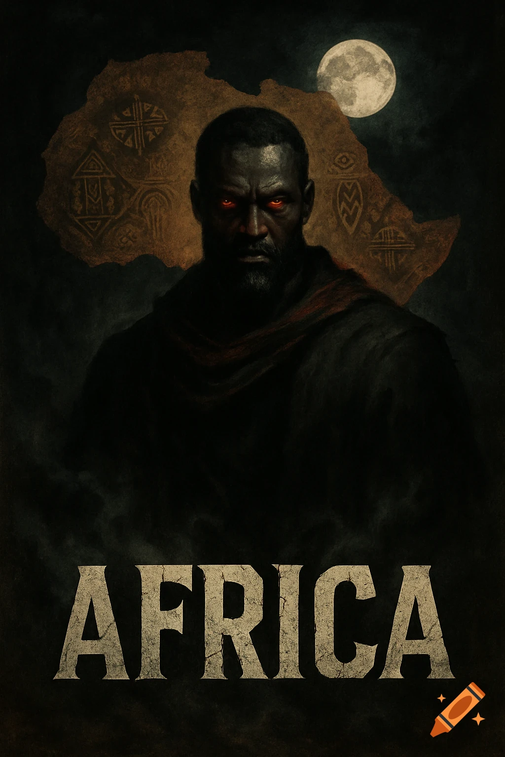 Dark portrait of a man with glowing red eyes, a map of Africa with tribal symbols, and 'AFRICA' text.