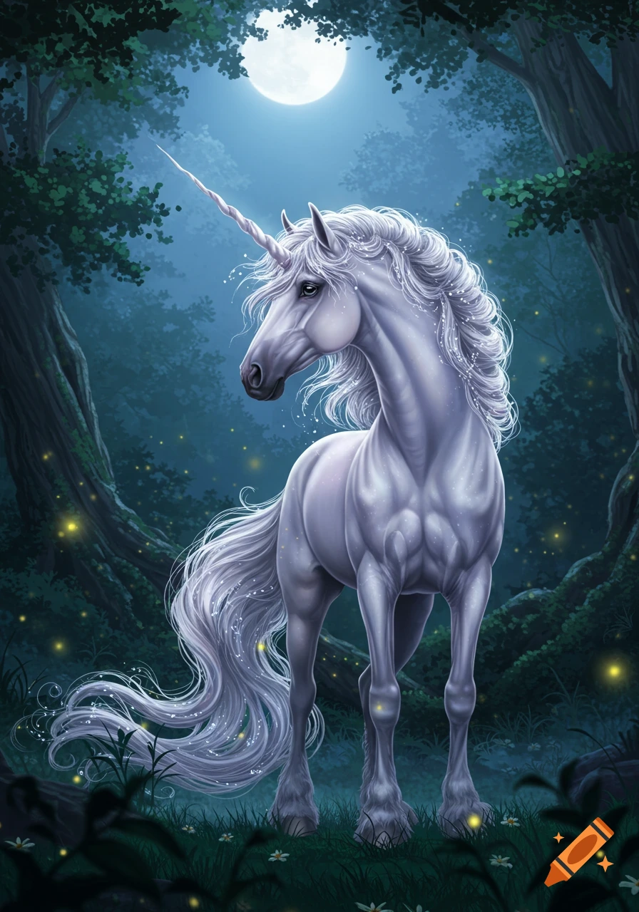 A majestic white unicorn stands in a moonlit magical forest with glowing fireflies.