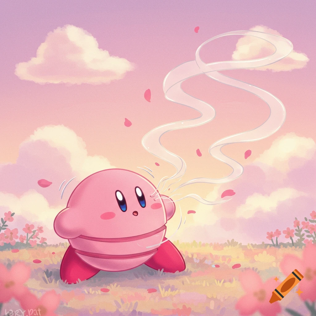 Cartoon Kirby deflating in a pastel flower field, air escaping as rose petals fall.