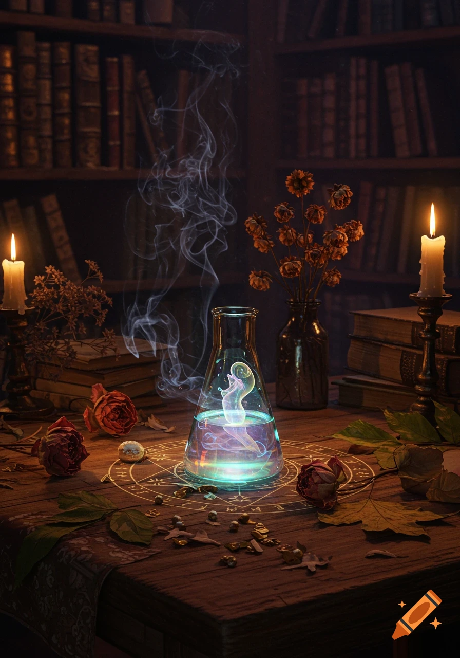 A magical still life with a glowing, smoking flask surrounded by candles, roses, and arcane symbols on a wooden table, with bookshelves in the background.
